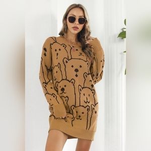 Polar Bear Round Neck Cozy Knit Long Sleeve Oversized Mini Sweater Dress Brown